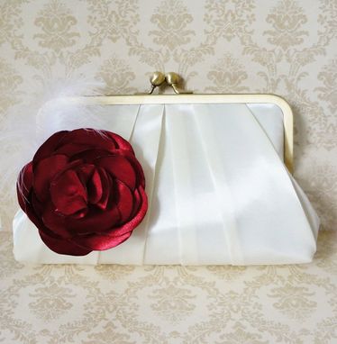 Custom Made Pleated Clutch Purse With Satin Flower Brooch And Feathers