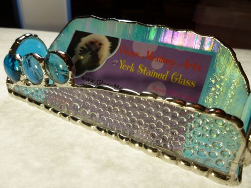 Custom Made Iridescent Blue Stained Glass Business Card Holder With Agate