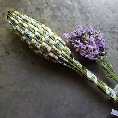 Custom Made Lavender Filled Handwoven Swiss Jacquard Wand Basket Embroidered Blue Flowers On White