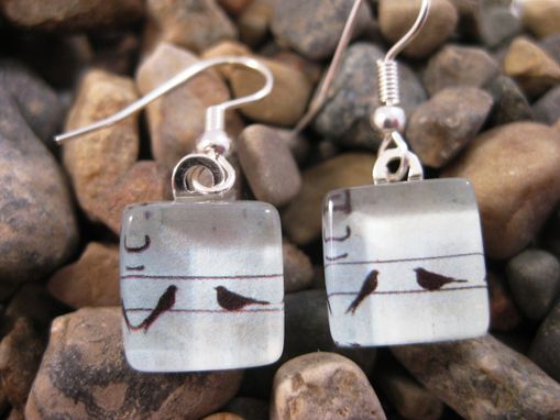 Custom Made Glass Tile Earrings With Birds On A Wire Design
