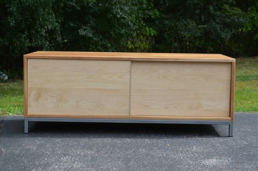 Custom Made Modern Cherry And Berch Wood With A Steel Base Entertainment Stand