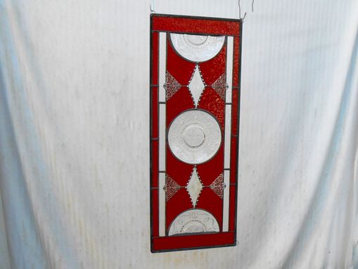 Custom Made Depression Glass Plate Valance, Antique Stained Glass Transom Window, Federal Glass Heritage Pattern