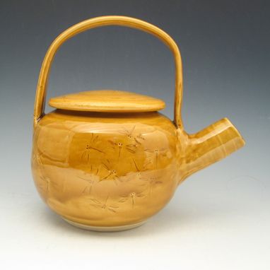 Custom Made Pottery Teapot With Dragonflies In Yellow