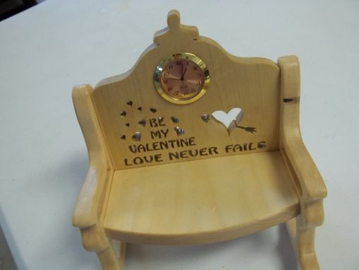 Custom Made Small Hand Carved Wooden Bench With Clock