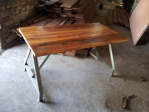 Custom Made Factory Work Table With Industrial Metal Base And Made From Reclaimed Wood Plank Top