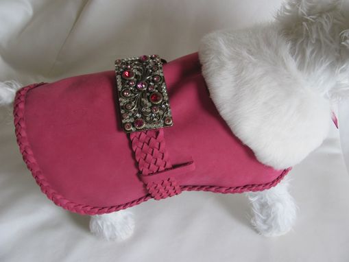 Custom Made Swarovski Bling Buckled Hot Pink Suede Dog Clothes With Fur Collar