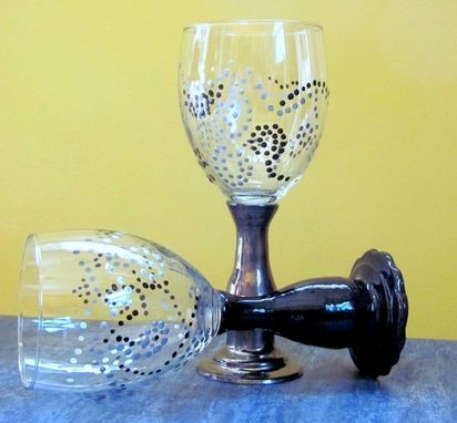 Custom Made 2 Hand Painted Wine Goblet With Chocolate Stoneware Pottery Glazed Stem