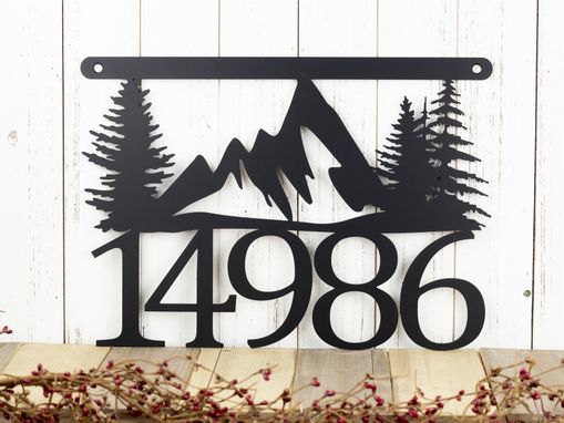 Custom Made Metal House Number Sign, Mountains, Pine Trees - Matte Black Shown