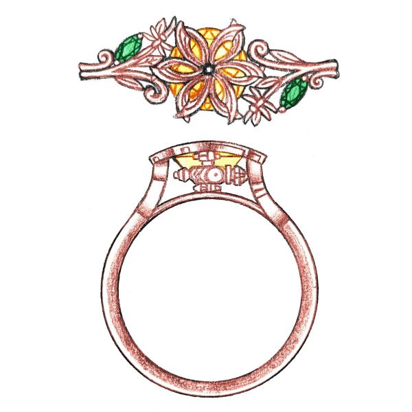 Sketch from a garden inspired ring design featuring dragonflies.