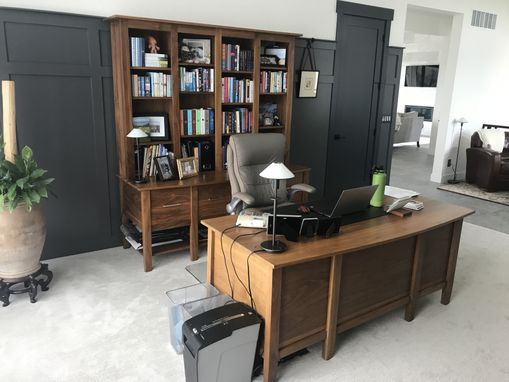 Custom Made Custom Walnut Home Office Desk And Credenza With Bookcase.