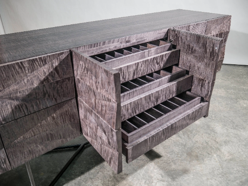 Custom Made Credenza Modern Faceted Front, Steel Base, Gray Curly Maple Wood, Sideboard, Buffet, Server