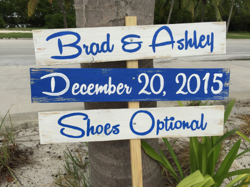 Custom Made Navy Blue Beach Wedding Sign, Rustic Shoes Optional Directional Sign