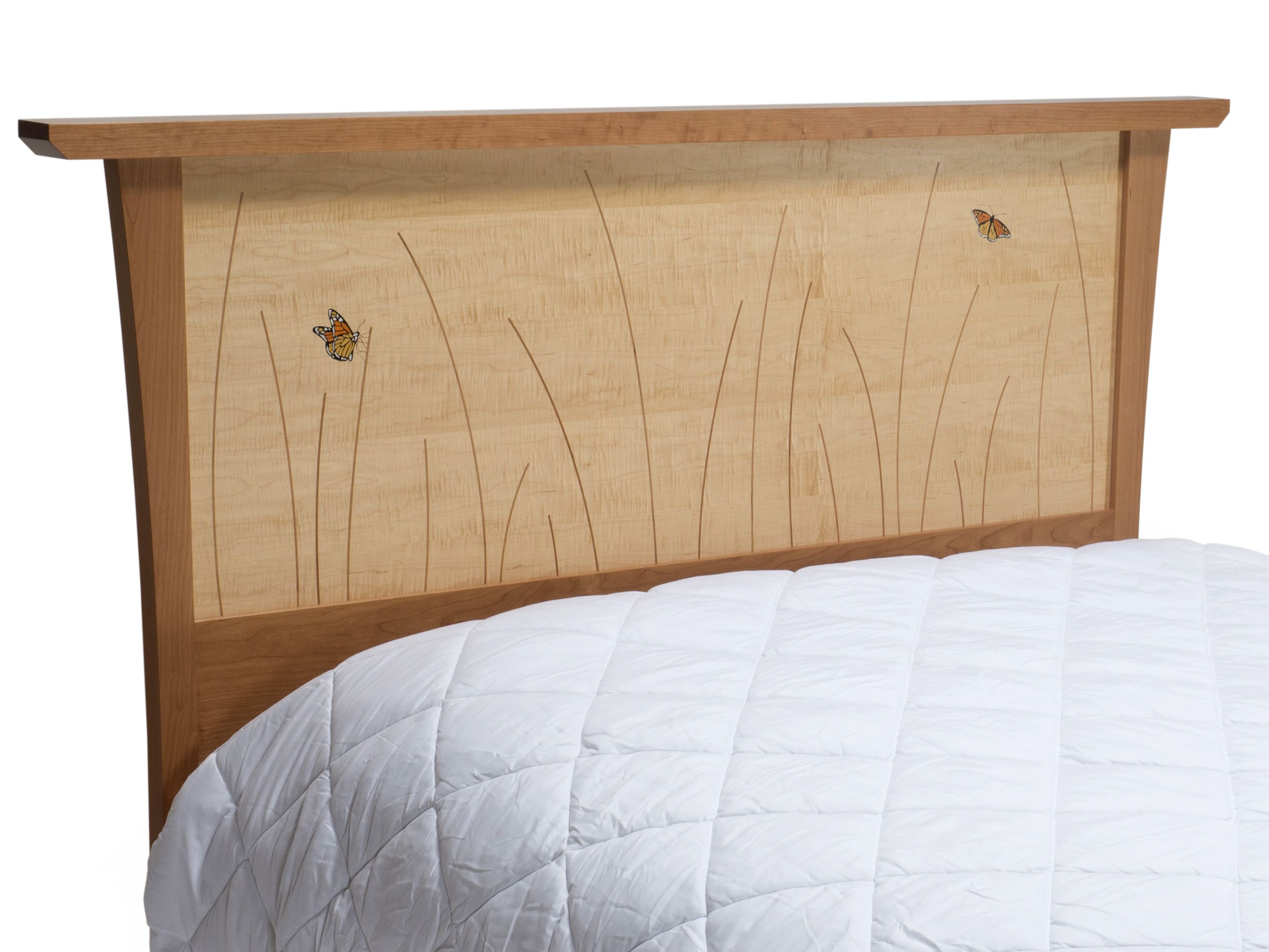 Hand Made King Headboard, Queen, Cherry, Curly Maple, Butterfly Inlay