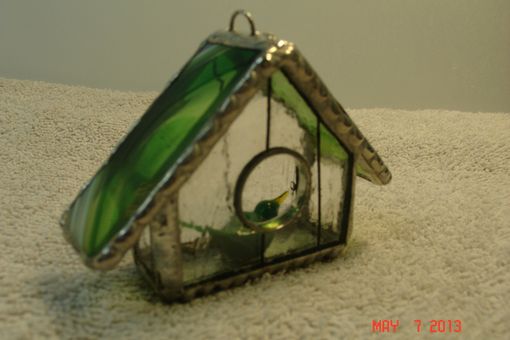 Custom Made Green Bird In Stained Glass In Empty Nest Bird House Ornament