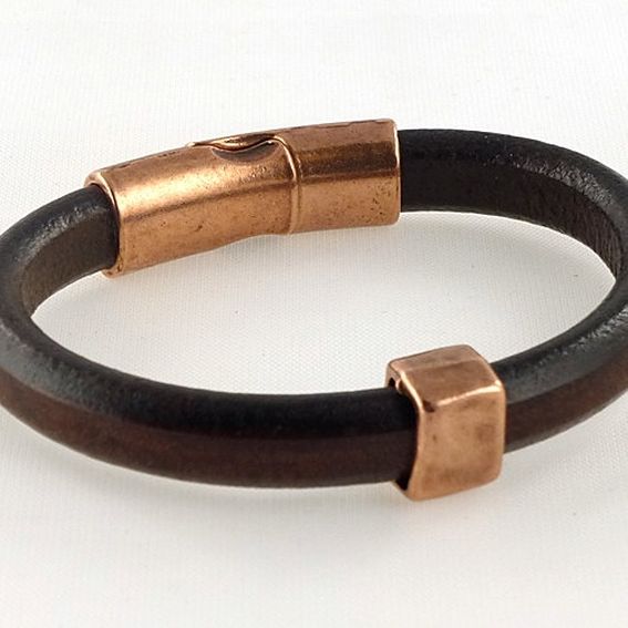 Hand Crafted Mens Brown Licorice Leather Bracelet With Copper Hardware ...