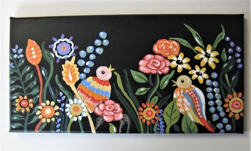 Custom Made Original Acrylic Bird Painting, 16" X 8", Floral Art Canvas, Black Background