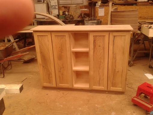 Custom Made White Oak Rustic Storage Cabinet With Display Section And Shelving Inside Behind Doors