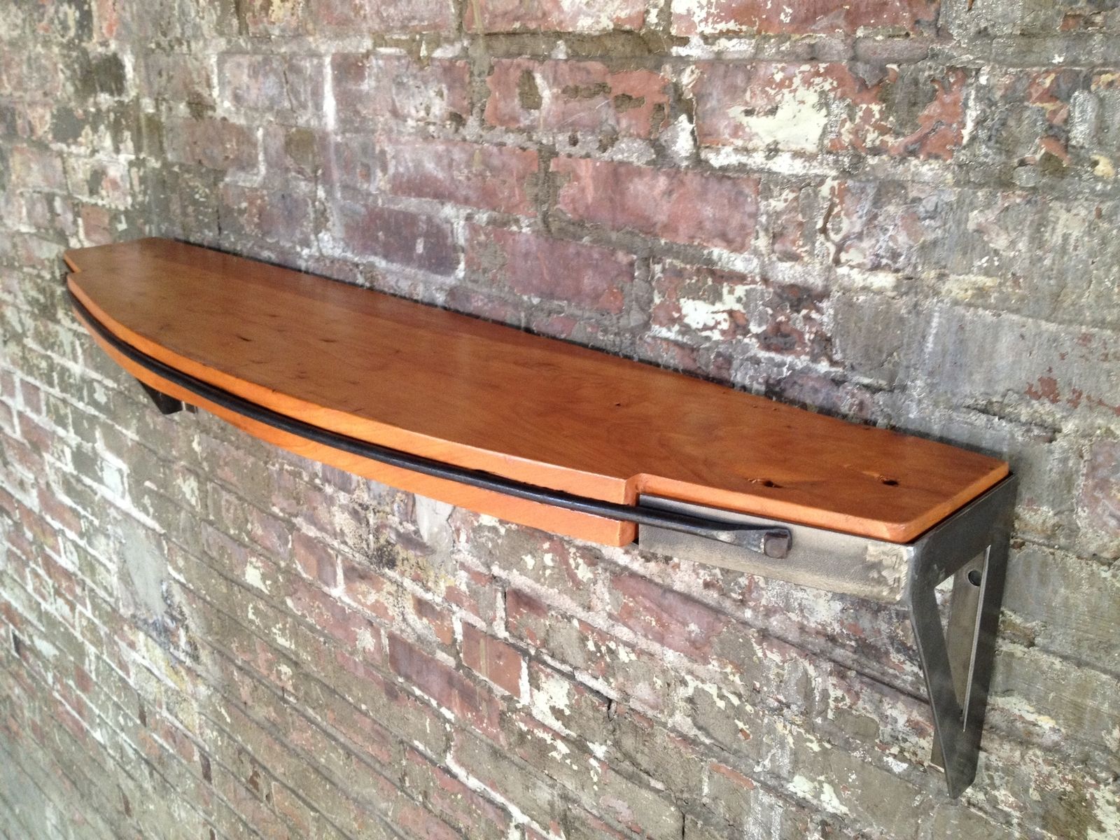 Custom Reclaimed Wood And Iron Shelf With Strap by Shellback