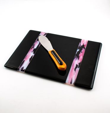 Custom Made Cheese Tray, Fused Glass, Black And Pink With Matching Spreader
