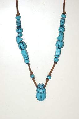Custom Made Necklace, Turquoise Colored Scarab Beetle And Beads Egypt, Hand Sculpted Polymer
