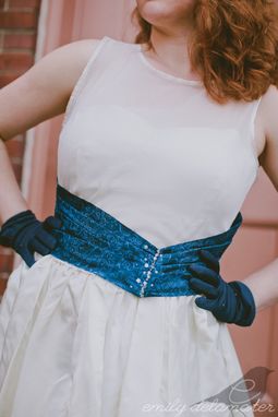 Custom Made Ashley - Upcycled Vintage Alternative Ivory Satin Wedding Dress With Beaded Blue Brocade Sash