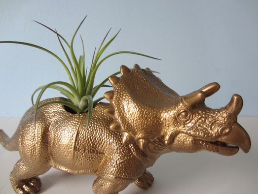 Custom Made Upcycled Dinosaur Planter - Extra Large Gold Triceratops With Tillandsia Air Plant