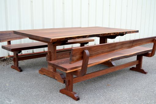 Custom Made Live Edge Walnut Trestle Table And Bench Set