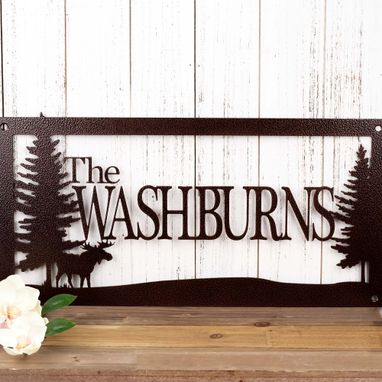 Custom Made Custom Outdoor Family Last Name Metal Sign With Pine Trees, Moose, Custom Sign, Name Sign