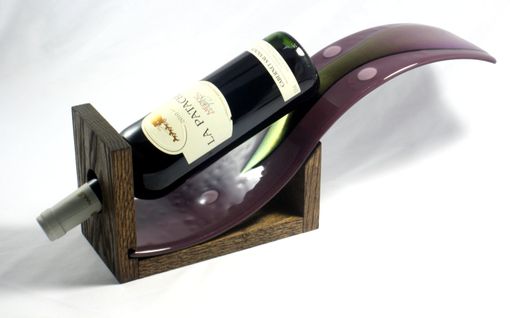 Custom Made Plum Fused Glass Wine Bottle Holder With Oak Base