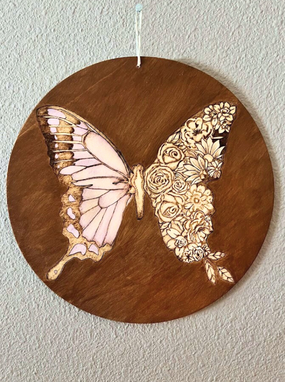 Custom Made Butterfly And Flowers Wood Sign, 12" In, Circle, Customizable