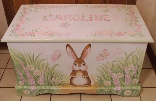 Custom Made Wooden Bunny Toy Box In Pinks And Greens