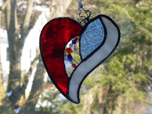 Custom Made Blue And Red Iridescent Stained Glass Heart With Beads And Crystals