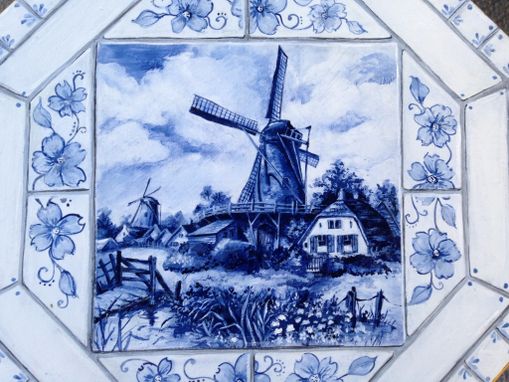 Custom Made Delft Pedistal Table Painted With Faux Tiles