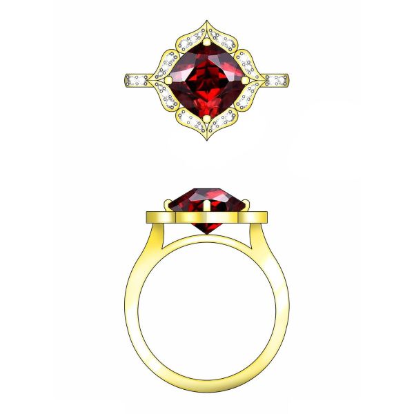 A vintage inspired diamond halo frames a cushion cut Mozambique garnet in this luxurious engagement ring.