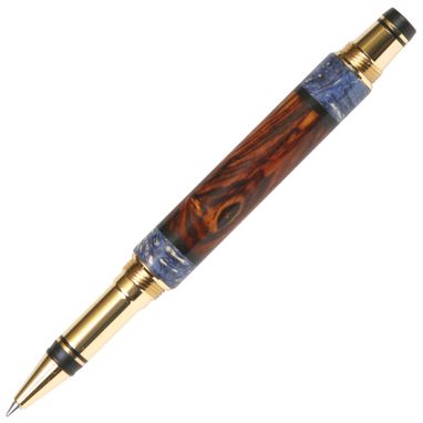 Custom Made Lanier Elite Rollerball Pen - Cocobolo With Blue Box Elder Inlays