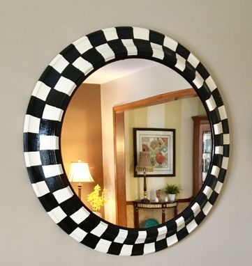 Custom Made Whimsical Painted Round Mirror, Black And White Checkered Mirror 30-Inch Round