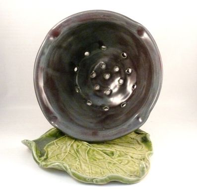 Custom Made Handmade Ceramic Berry Bowl Colander On Leaf Dish, Fruit Bowl