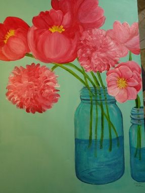 Custom Made Pink Peonies In Aqua Canning Jar Floral Painting Original Flowers Artwork On Canvas, 18 X 24
