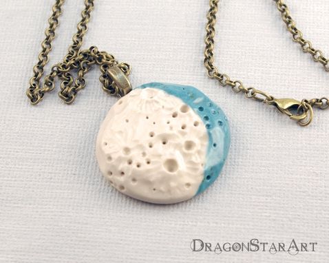 Custom Made Porcelain Moon Pendant Necklace, Carved Ceramic Moon Necklace In White And Turquoise