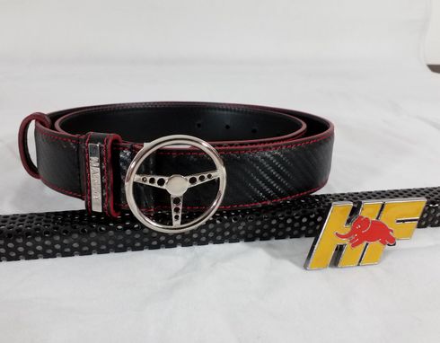 Custom Made Carbon Fiber Leather Belt W/ Steering Wheel Belt Buckle