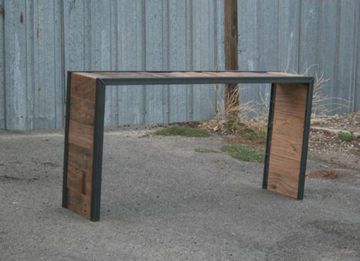 Custom Made Rustic Reclaimed Wood Console Table. Vintage Industrial Sofa Table. Minimalist Steel And Wood Furn.
