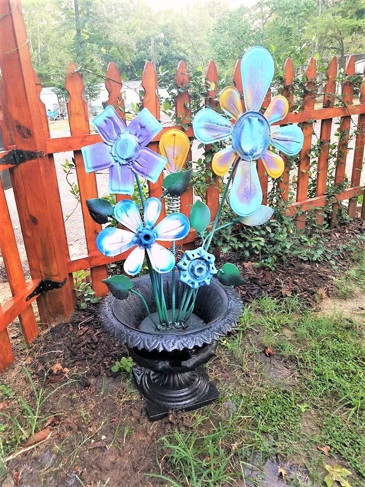 Hand Crafted Upcycled Metal Art Flowers Antique Iron Urn 1920s by Metal ...