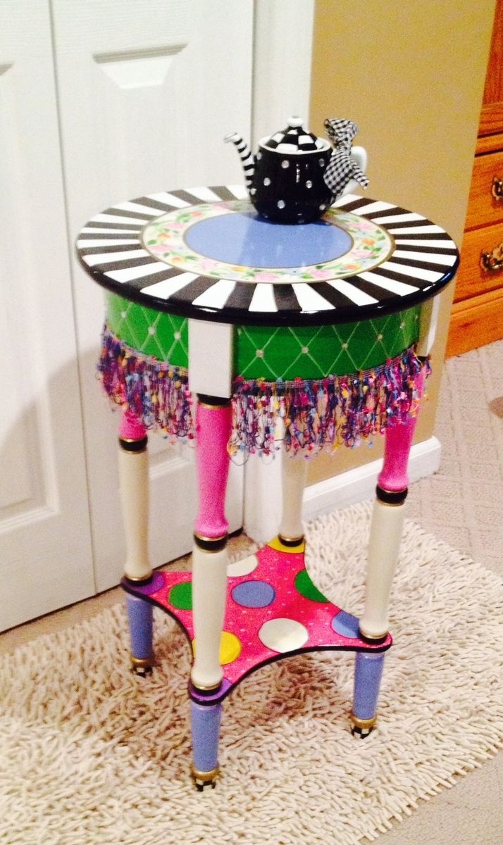 Hand Made Hand Painted Round Side Accent Table Custom Design Painted 