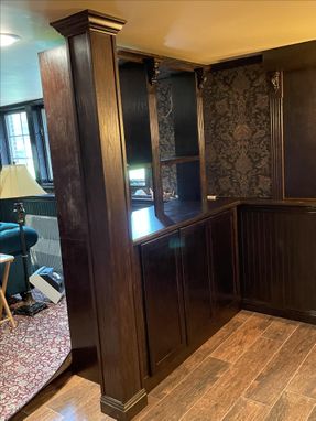 Custom Made Basement Pub Cabinets, Kitchenette, & Wall Treatment