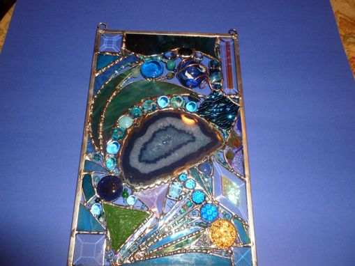Custom Made Turquoise-Themed Stained Glass Mixed Media Panel