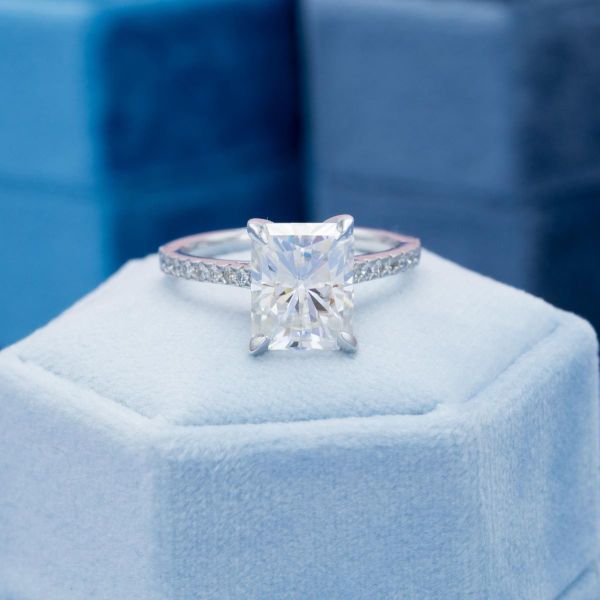 This emerald cut moissanite makes for a beautiful solitaire setting.
