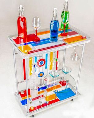 Custom Made Custom Eclectic Glass Metal Acrylic Contemporary Glass Rack Wine Bar Cart