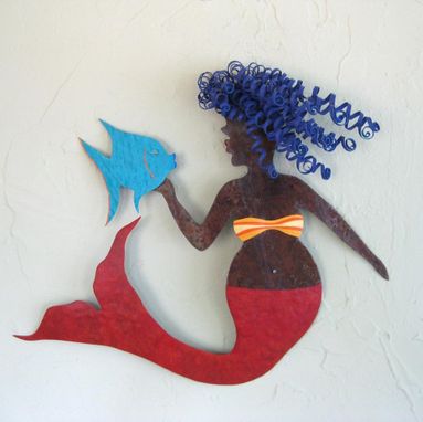 Custom Made Handmade Upcycled Metal Mermaid With Fish Wall Art Sculpture