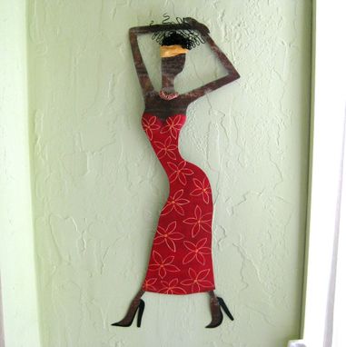 Custom Made Handmade Upcycled Metal Exotic African Lady Wall Art Sculpture In Red