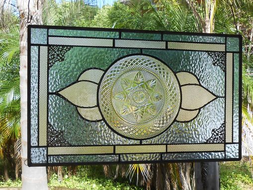 Custom Made Stained Glass Plate Panel Window Transom, Vintage Crystal Luminarc Cris D'Arques Plates Valance
